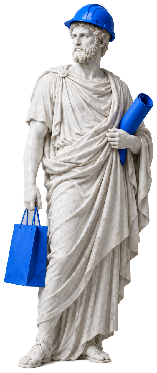 Statue of a man with a hard hat, a shopping bag and a rolled-up blueprint, all in Pixel Blue