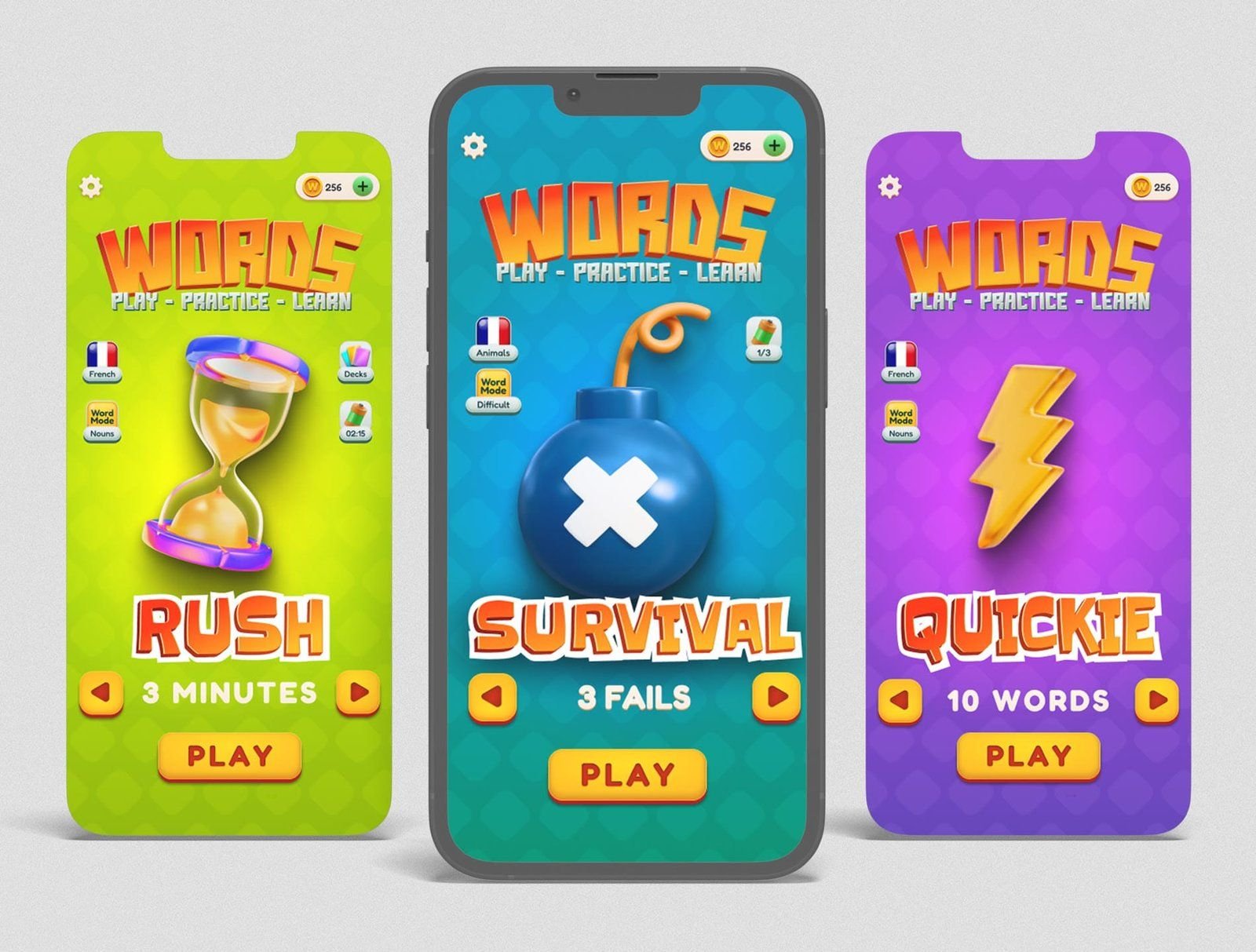 Tres celulares con los modos de juego Rush, Survival y Quickie