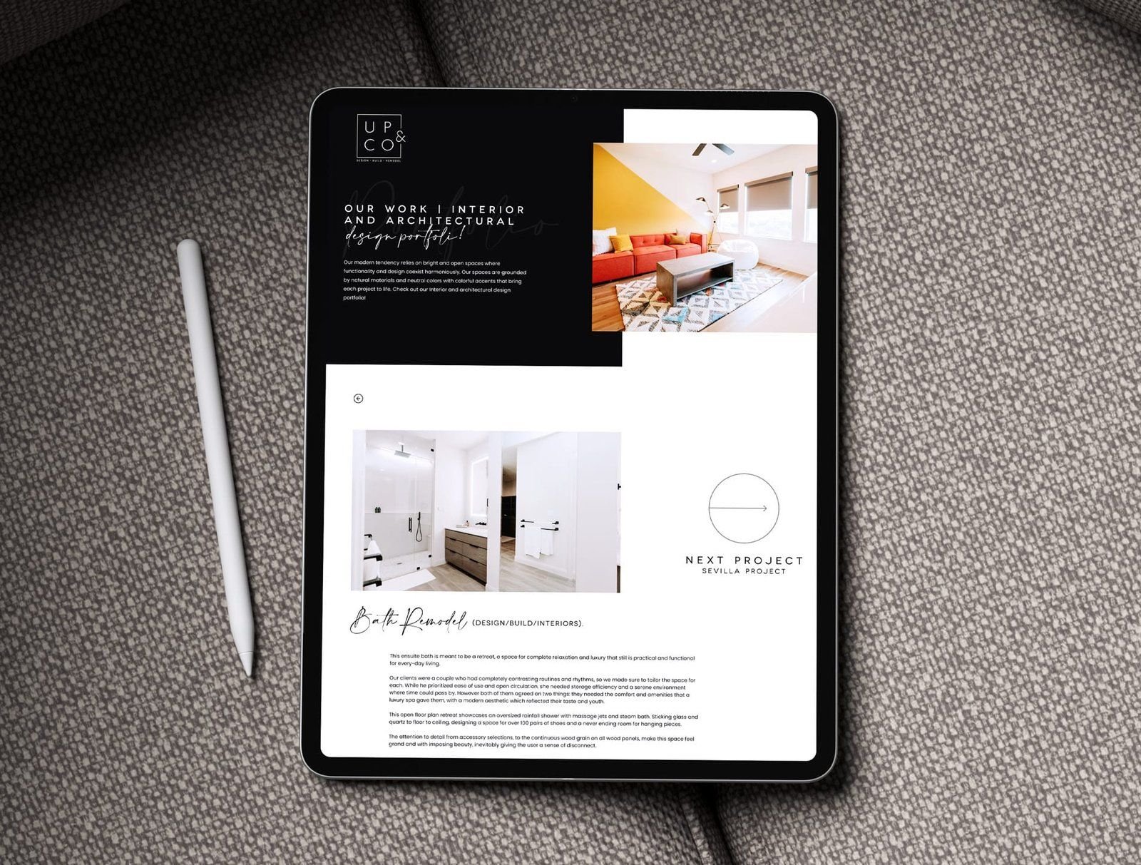 Tableta con el portafolio de proyectos de Up & Co