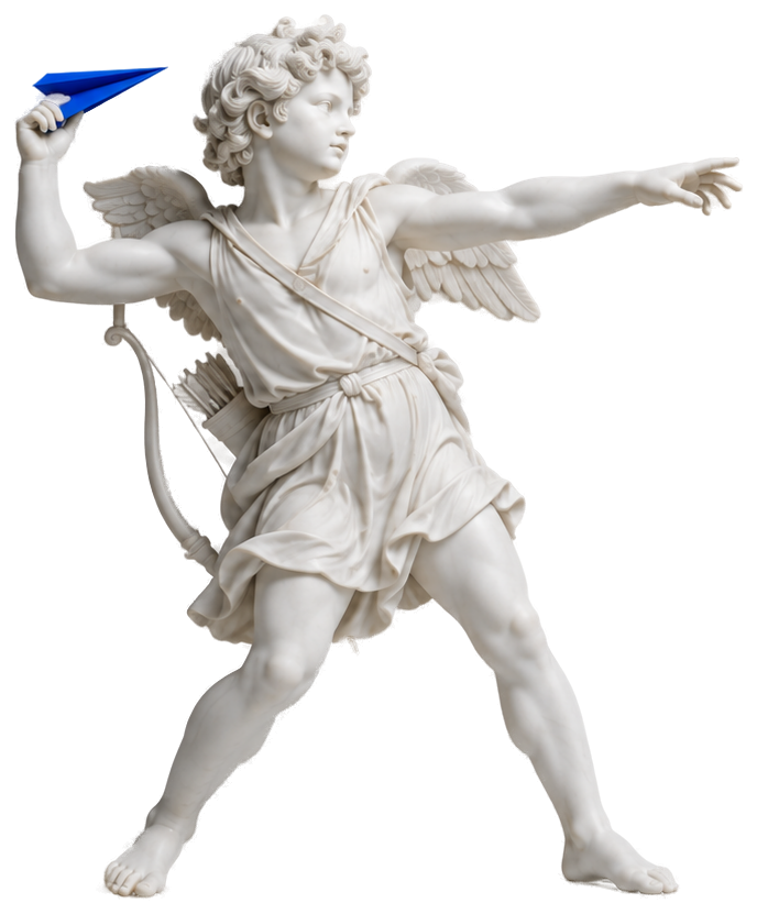 Statue of Cupid aiming his bow with a Pixel Blue arrow