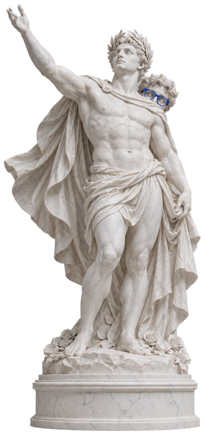 Roman statue with its arm raised; a hidden developer in Pixel Blue glasses peeks out from behind its shoulder
