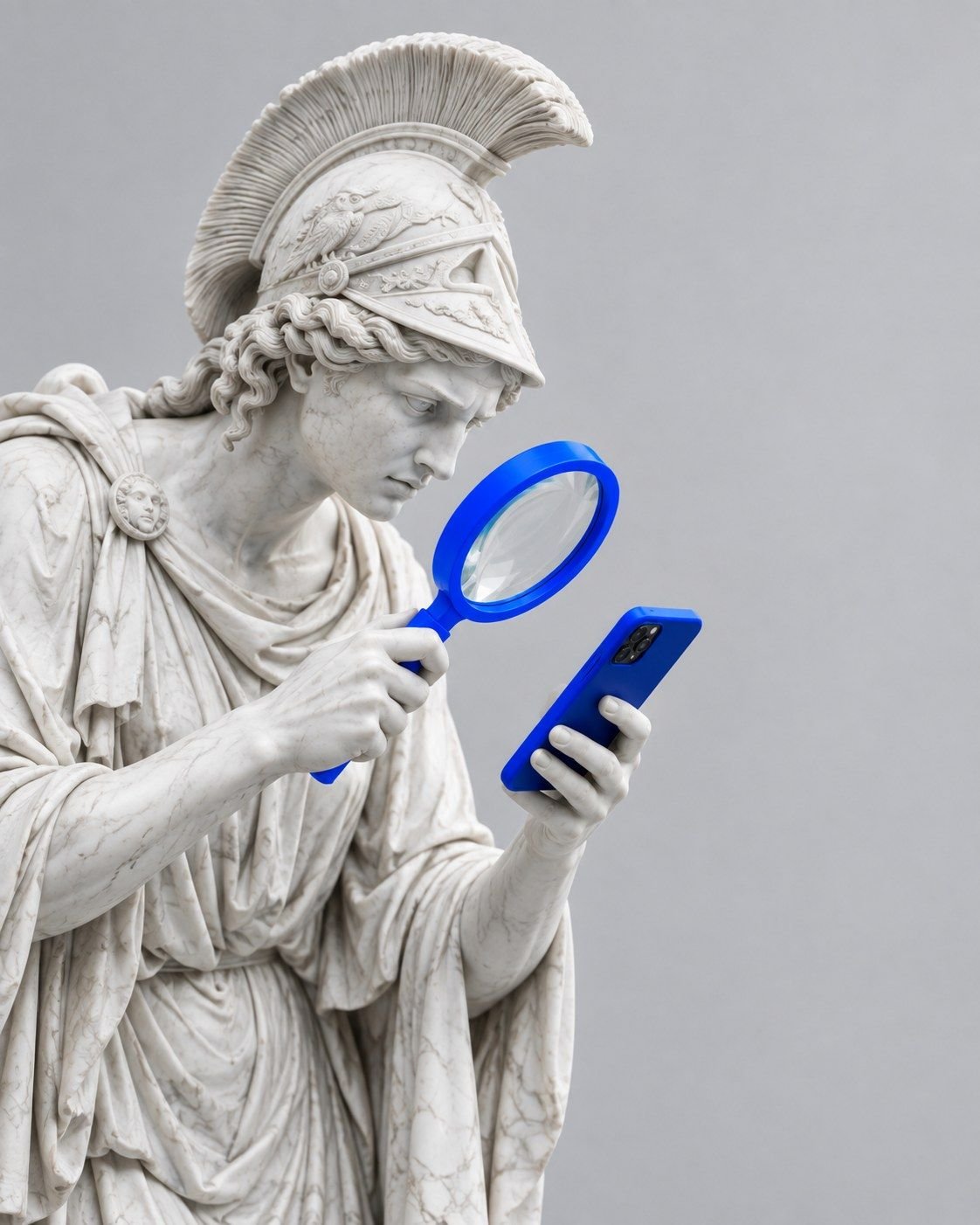 Estatua de Atenea que revisa un celular Azul Pixel con una lupa