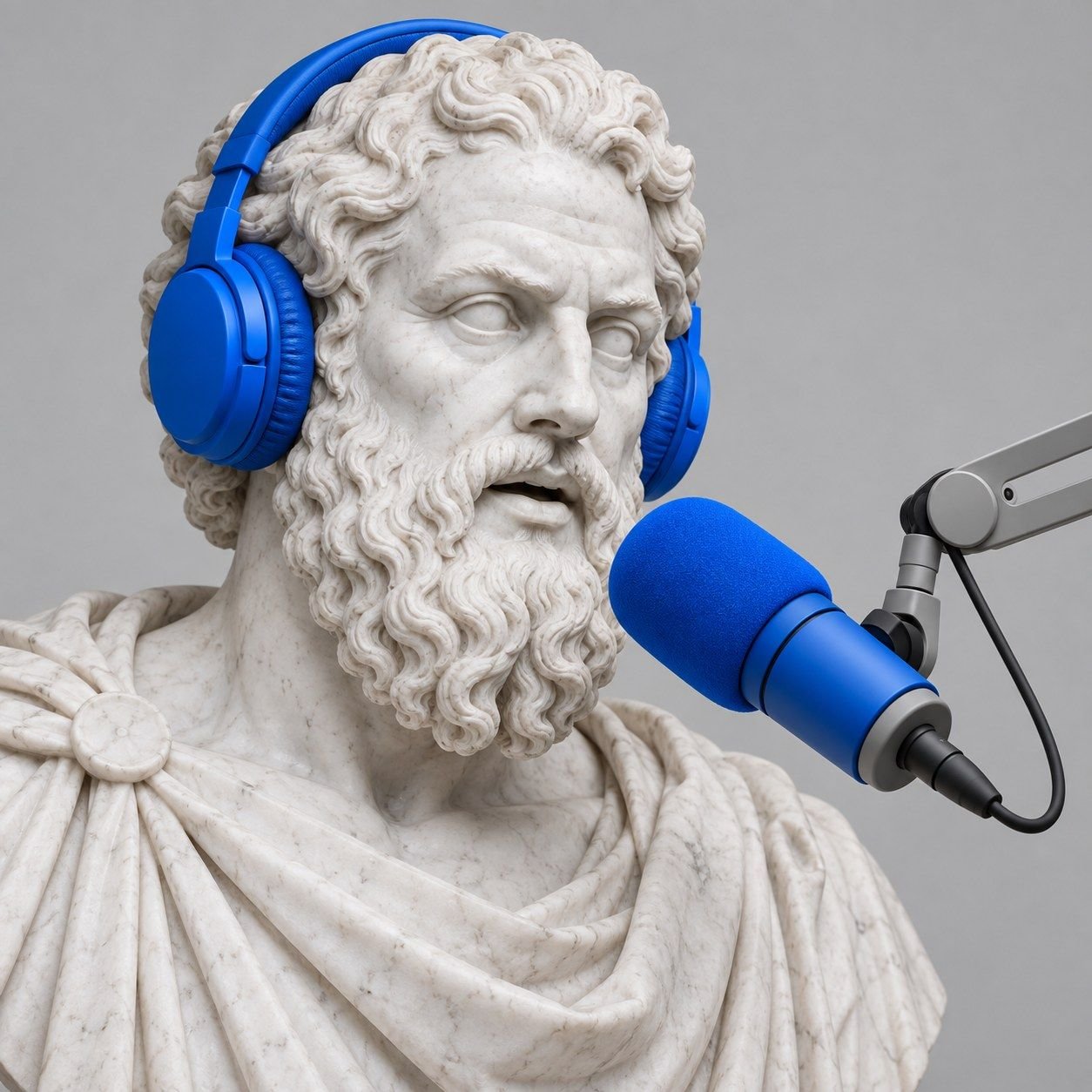 Busto de mármol con audífonos Azul Pixel que habla frente a un micrófono
