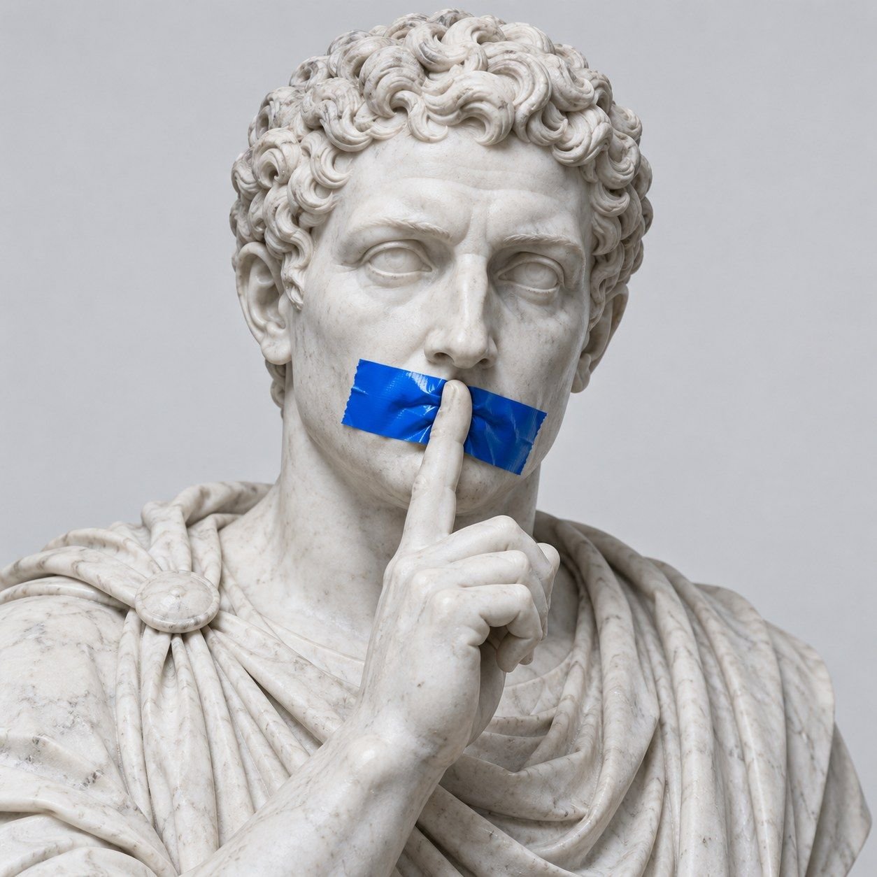 Roman bust with Pixel Blue tape over its mouth, holding a finger up for silence