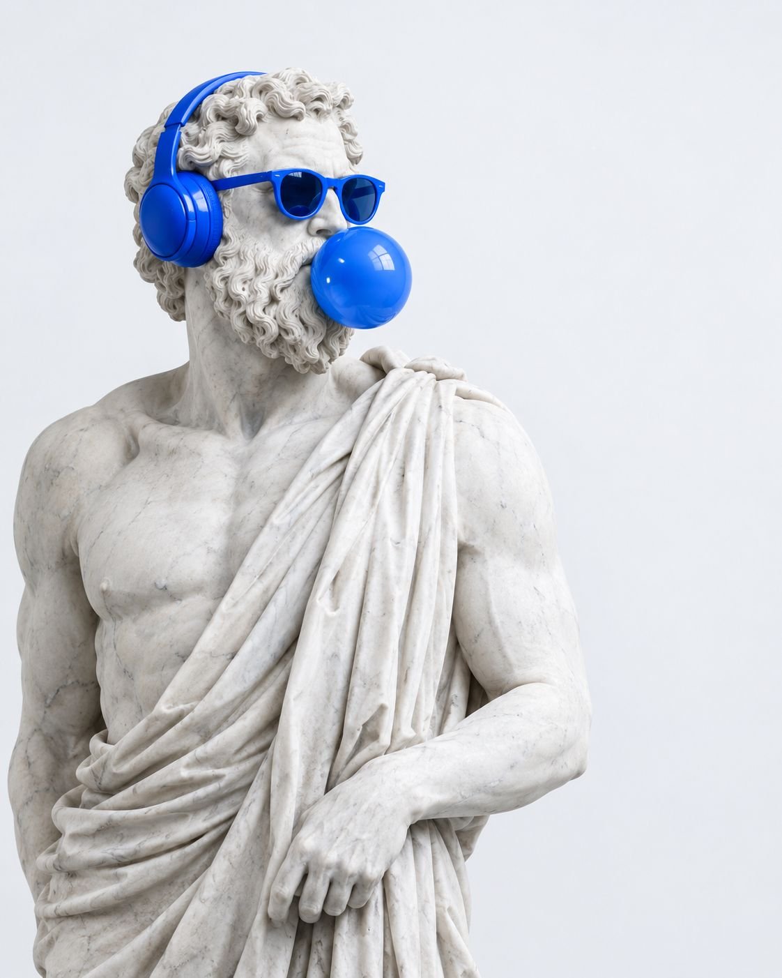 Classical marble statue wearing headphones, sunglasses and a bubble gum bubble in Pixel Blue
