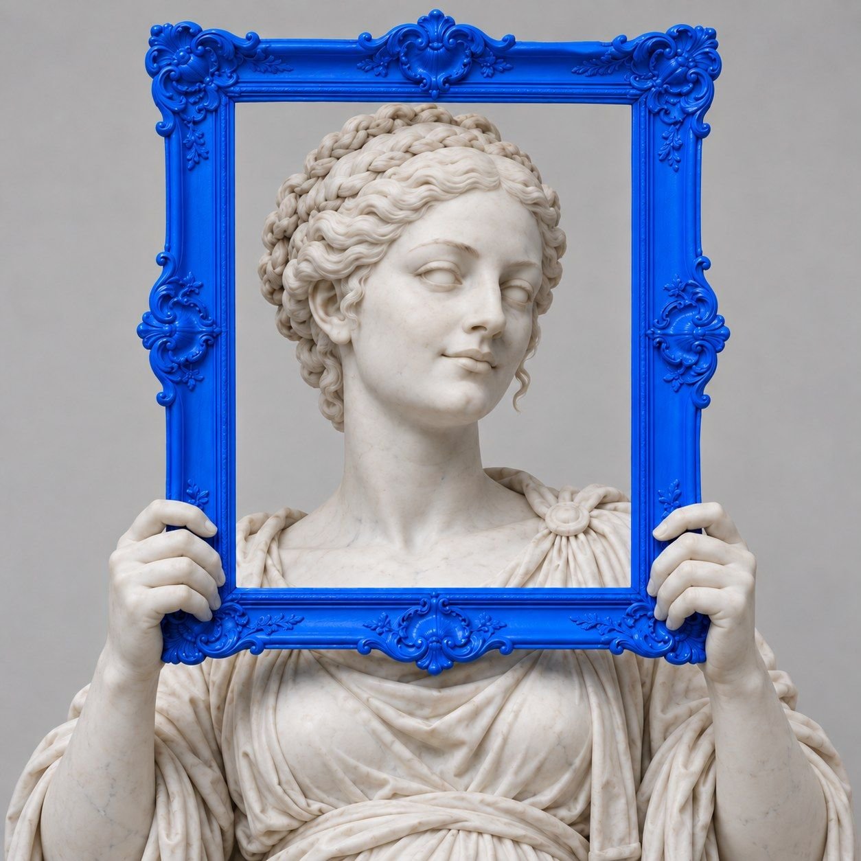 Statue of a woman holding an ornate Pixel Blue frame in front of her face