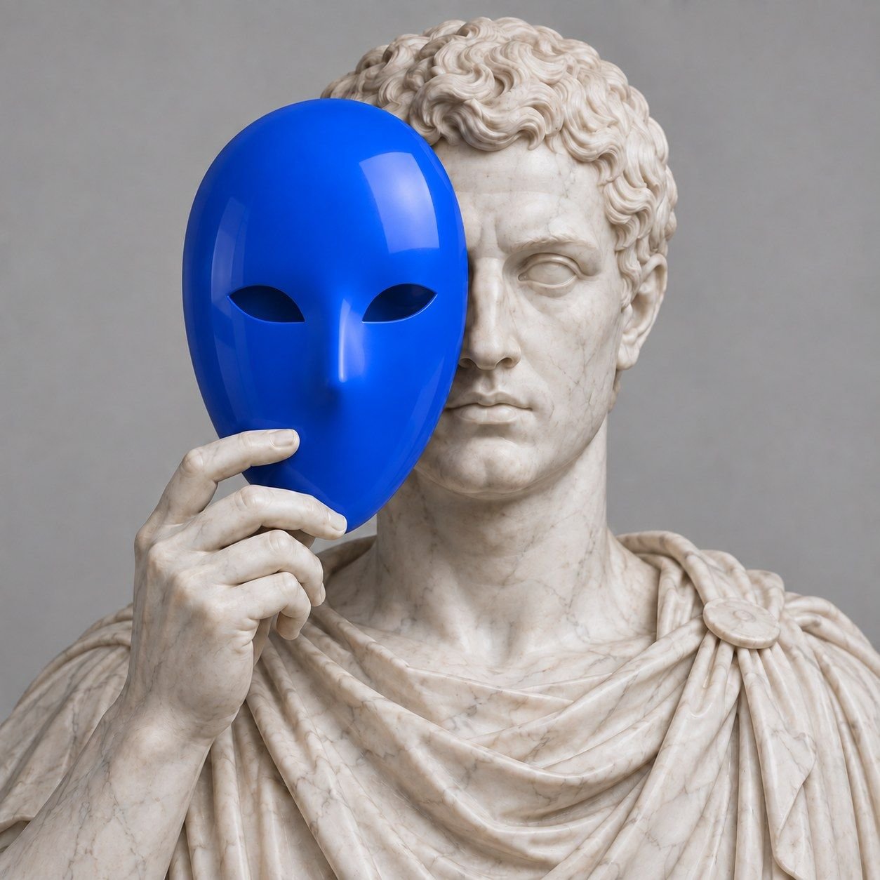 Roman bust covering half its face with a Pixel Blue mask