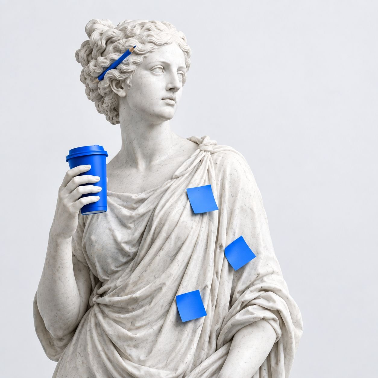 Classical statue of a muse holding a coffee cup, sticky notes and a pencil in Pixel Blue