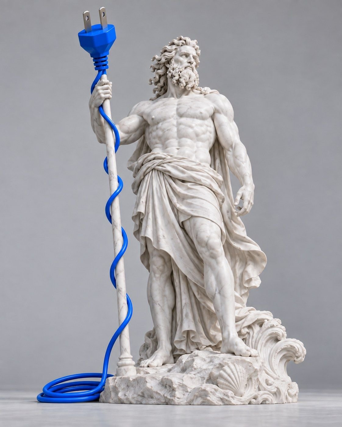 Estatua de Poseidón con un tridente que termina en un enchufe y un cable Azul Pixel enrollado