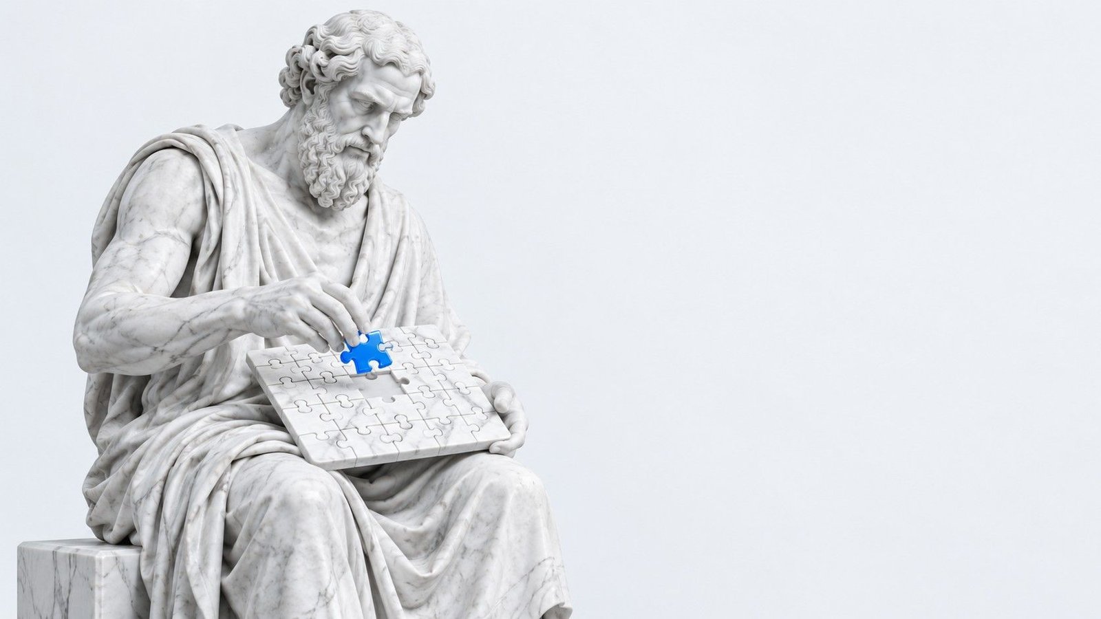 Statue of a seated sage placing the last Pixel Blue piece into a marble jigsaw puzzle
