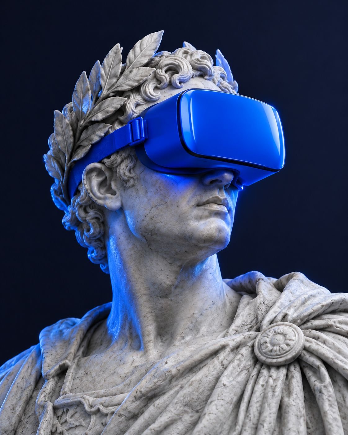 Marble bust of a Roman emperor with a laurel wreath and a Pixel Blue virtual reality headset