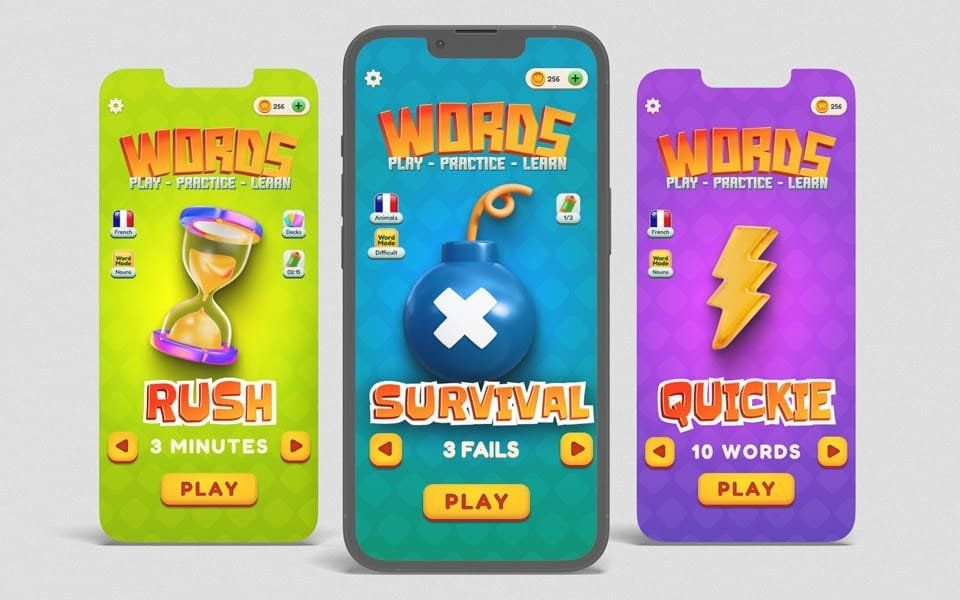The three game modes side by side on three phones