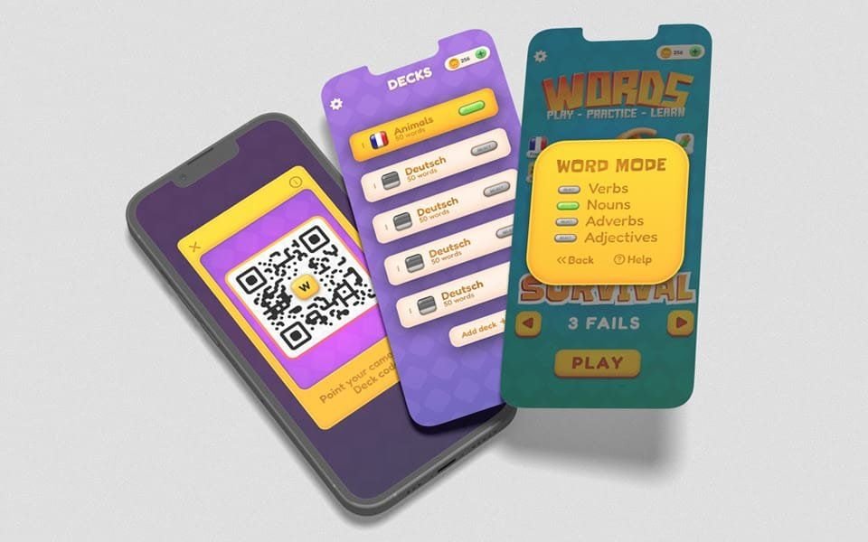 Screens for the language decks and word types