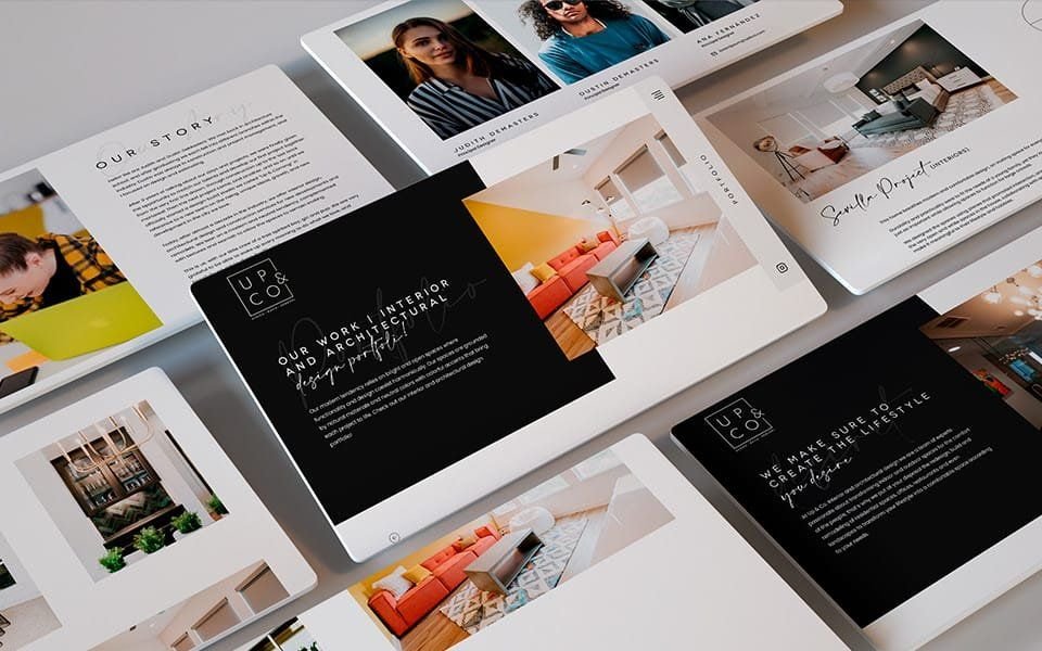 Several screens of the site, showing projects and the team