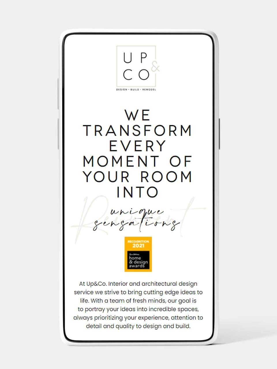 A phone showing the message “we transform every moment of your room”