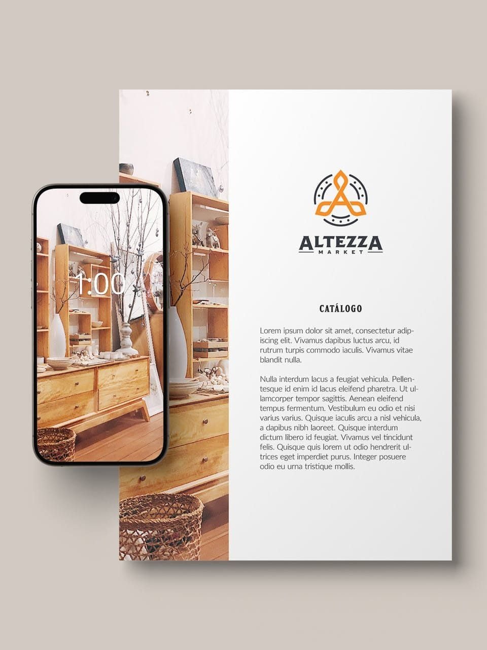 Celular y catálogo impreso con la identidad de la tienda