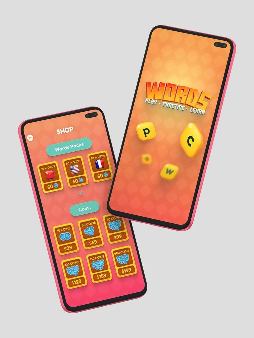 Two phones showing the coin and power-up shop