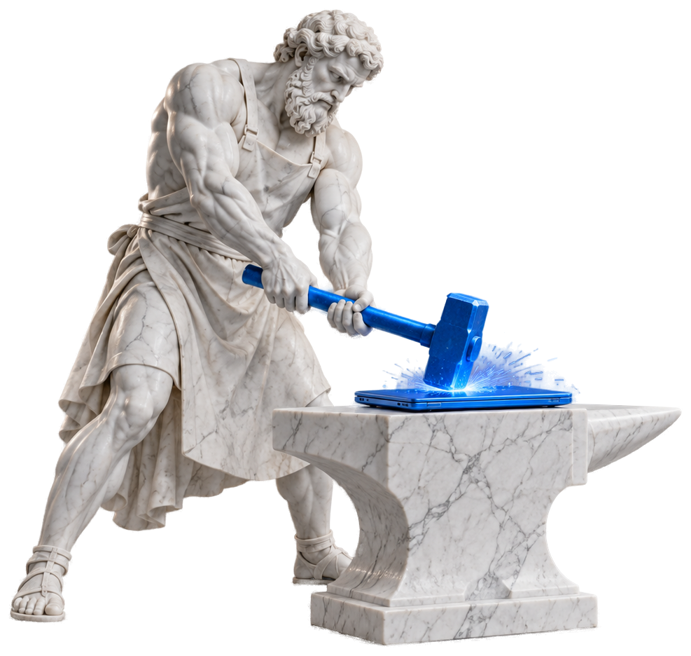 Estatua de un herrero que golpea con un martillo Azul Pixel una laptop sobre un yunque, entre chispas