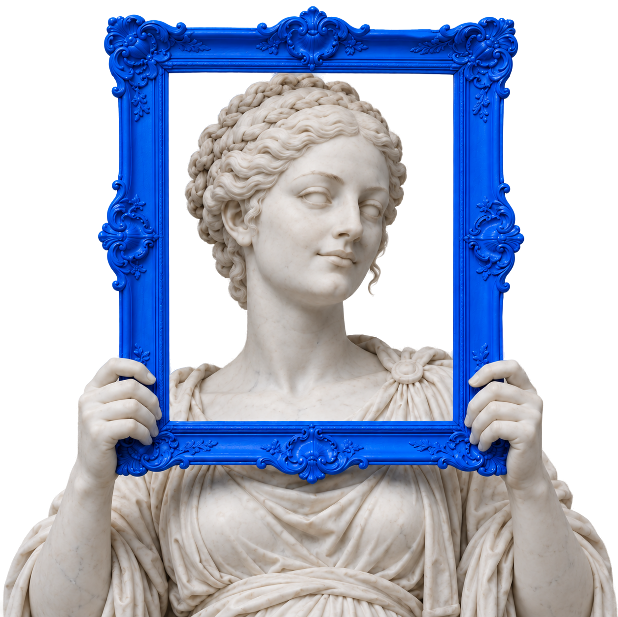 Statue of a woman holding an ornate Pixel Blue frame in front of her face