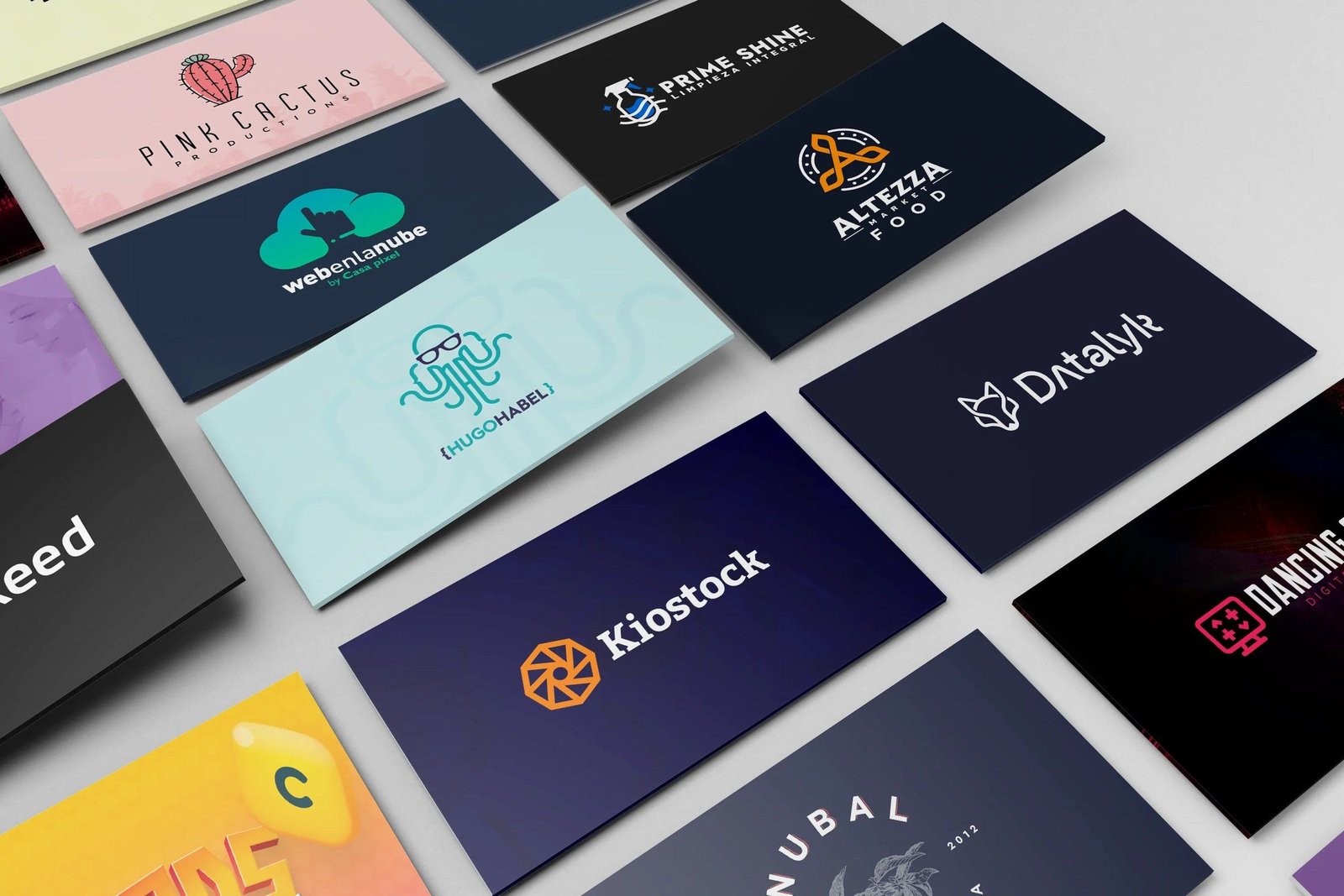 Cards showing logos designed by Casa Pixel: Pink Cactus, Webenlanube, Hugo Habel, Prime Shine, Altezza, Datalyk and Kiostock