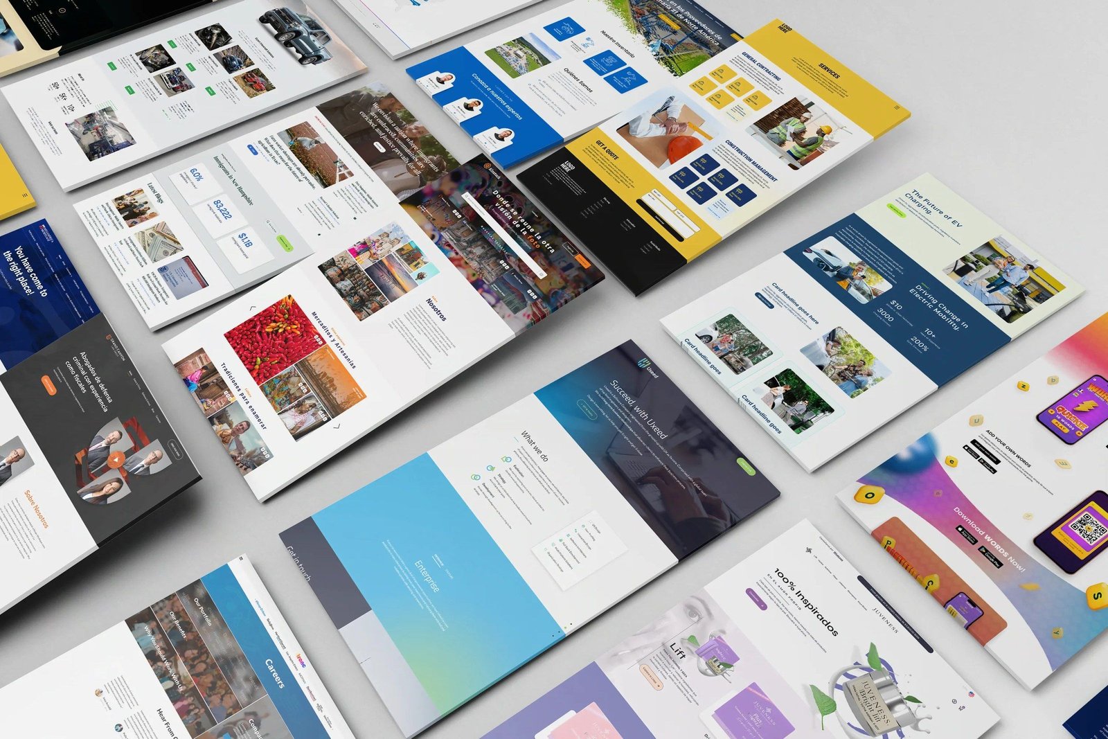 Collage of websites and online stores built by Casa Pixel, including Juveness, Uxeed and Words