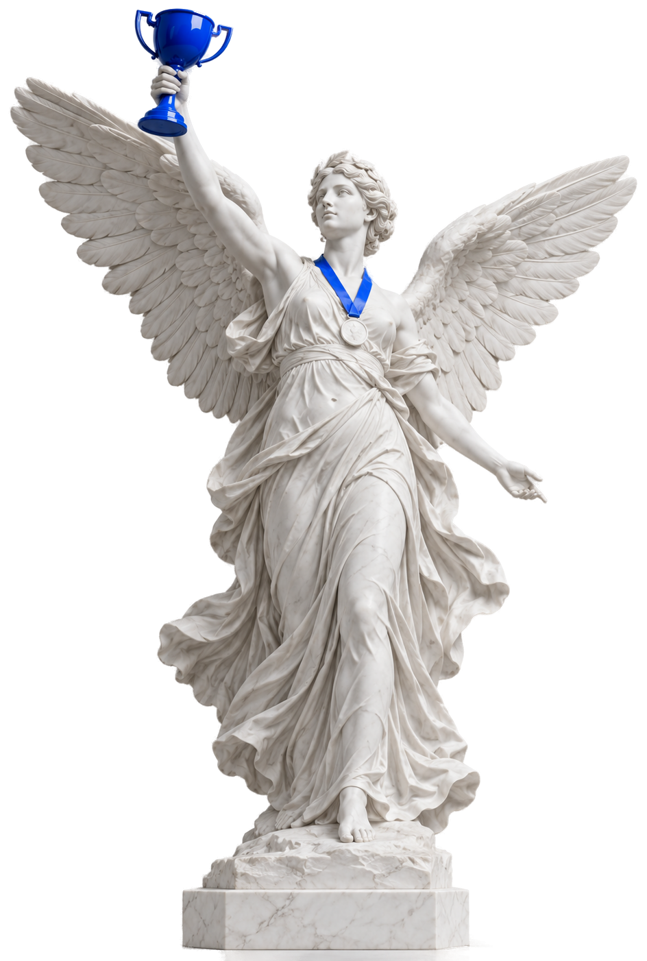 Statue of winged Victory raising a Pixel Blue trophy, with a medal around her neck