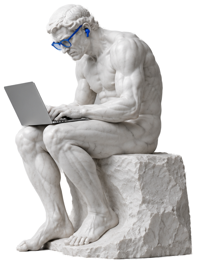 Statue of The Thinker working on a laptop, wearing Pixel Blue glasses and headphones