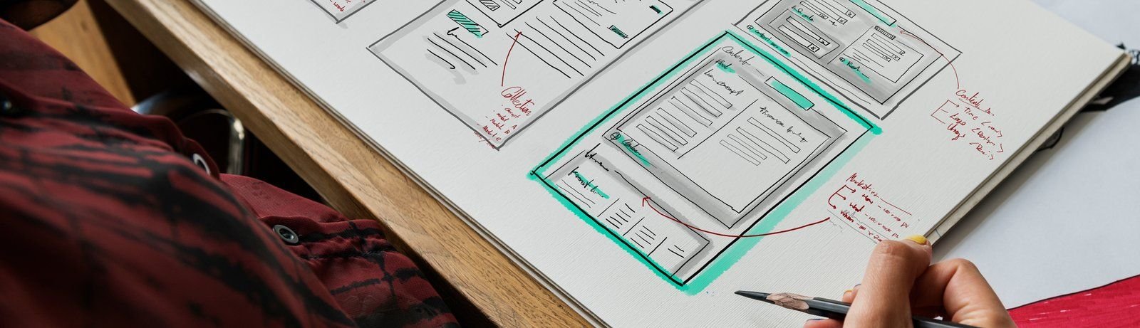 A notebook with a hand-drawn sketch of a web page structure