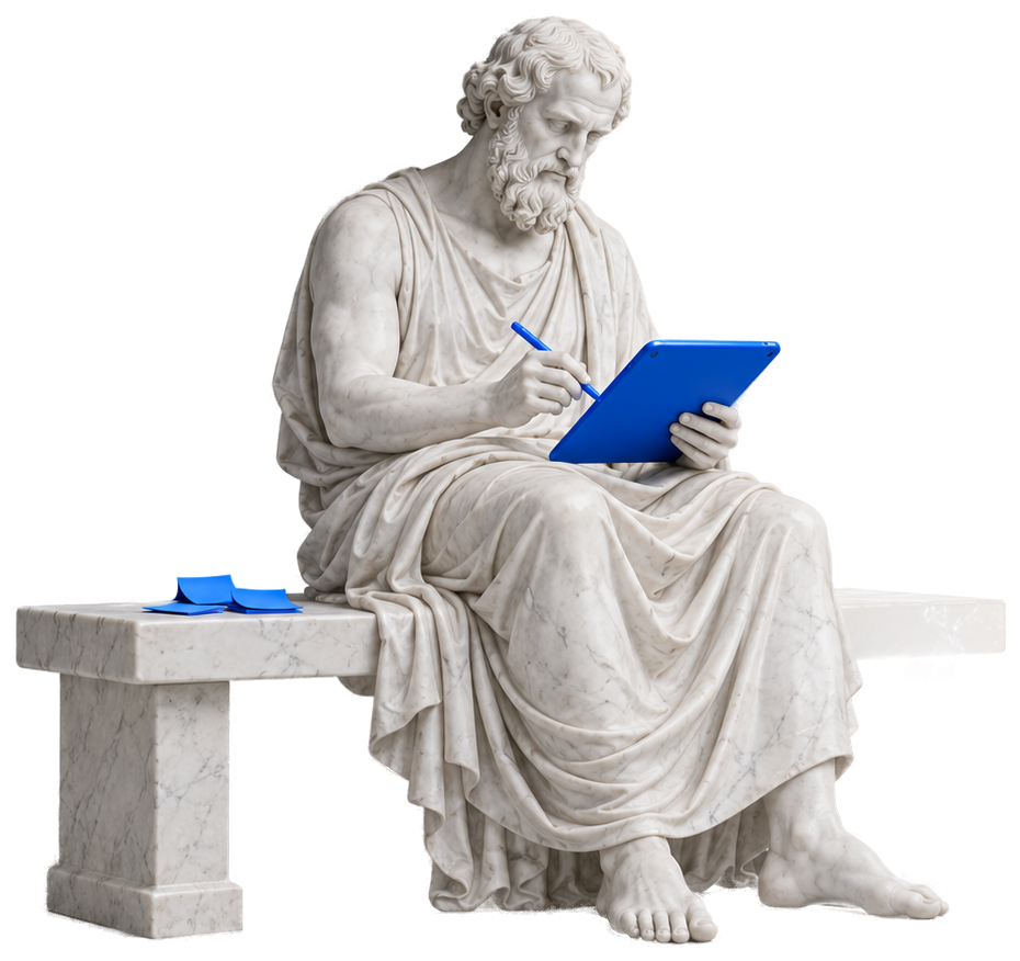 Statue of a sage sitting on a bench, drawing on a Pixel Blue tablet with a stylus