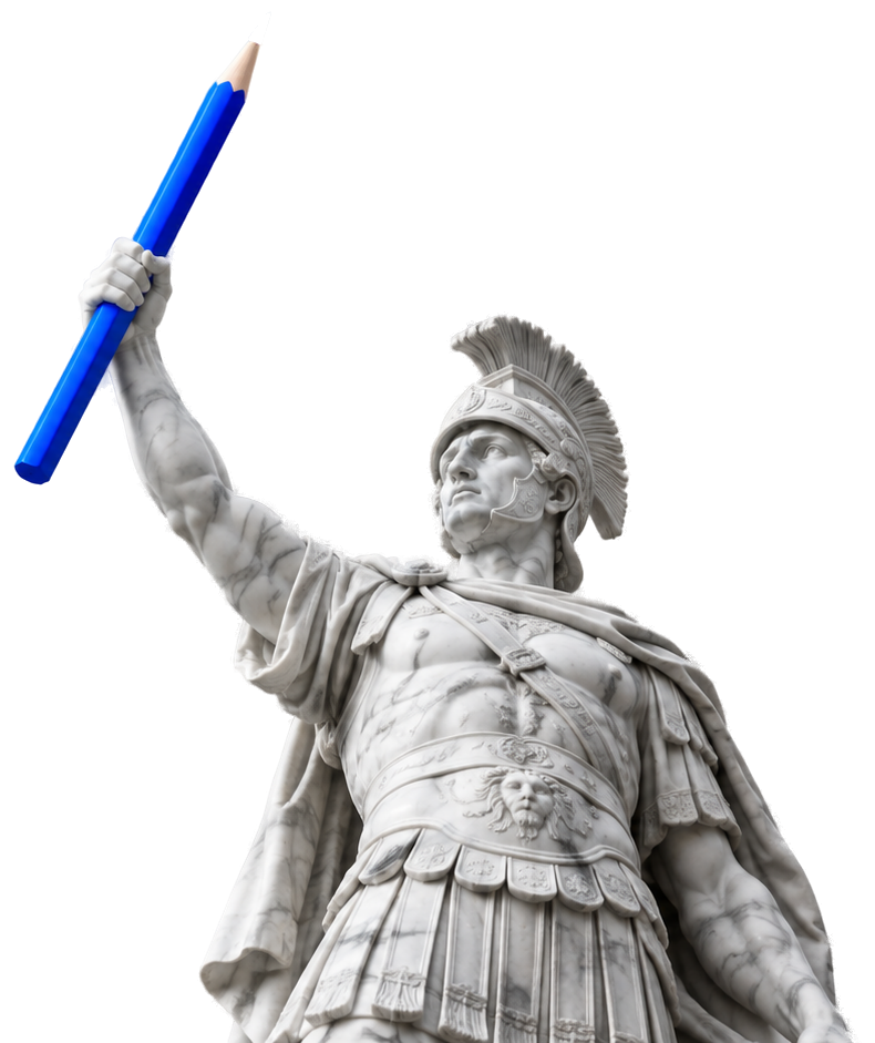 Estatua de un soldado romano que alza un lápiz Azul Pixel gigante como lanza