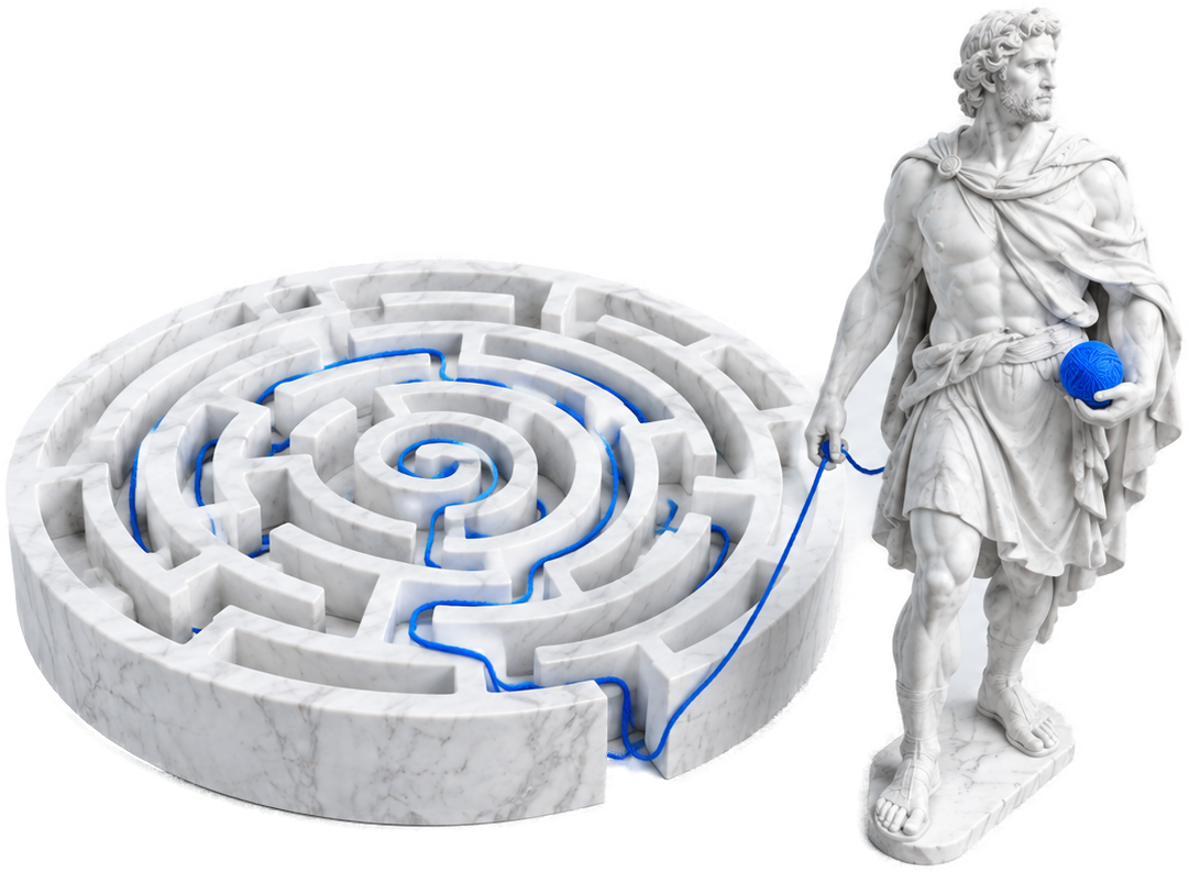 Statue of Theseus beside a marble labyrinth, holding a Pixel Blue ball of thread that traces the path to the center