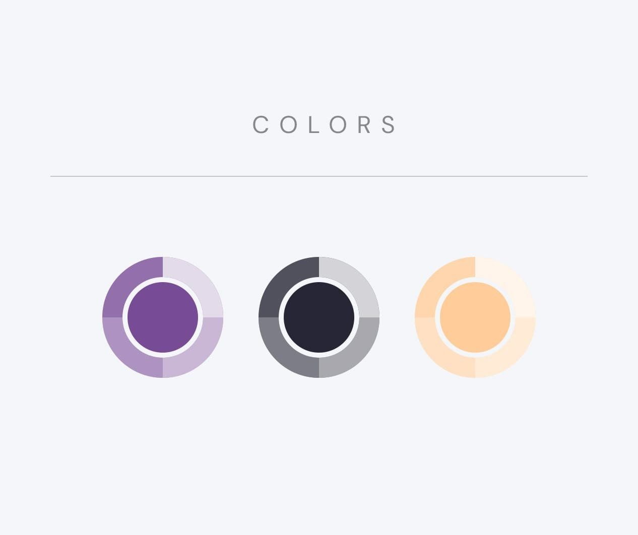 Juveness color palette: purple, dark grey and peach