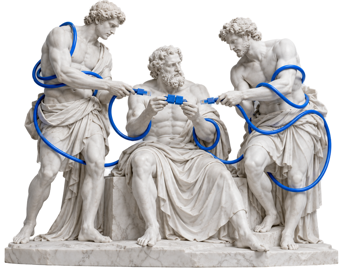 Three classical statues connecting Pixel Blue network cables to each other